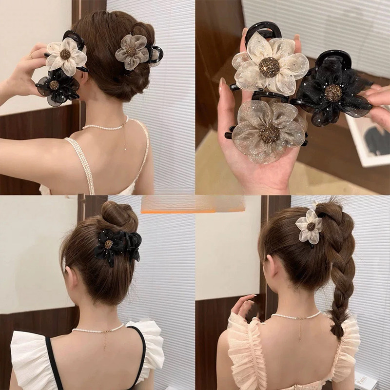 网纱水钻花朵头发抓夹女后脑勺鲨鱼夹高级感马尾发夹半扎发卡头饰,饰品/流行首饰/时尚饰品新,发饰,淘宝优惠券,粉丝福利购,淘宝优惠卷