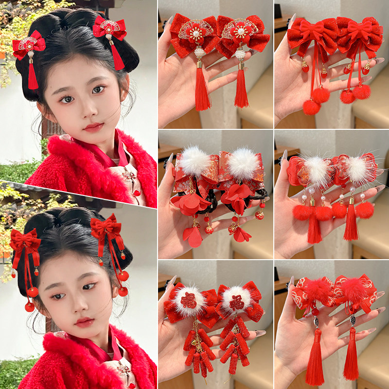 中国风新年红色发夹儿童女古风