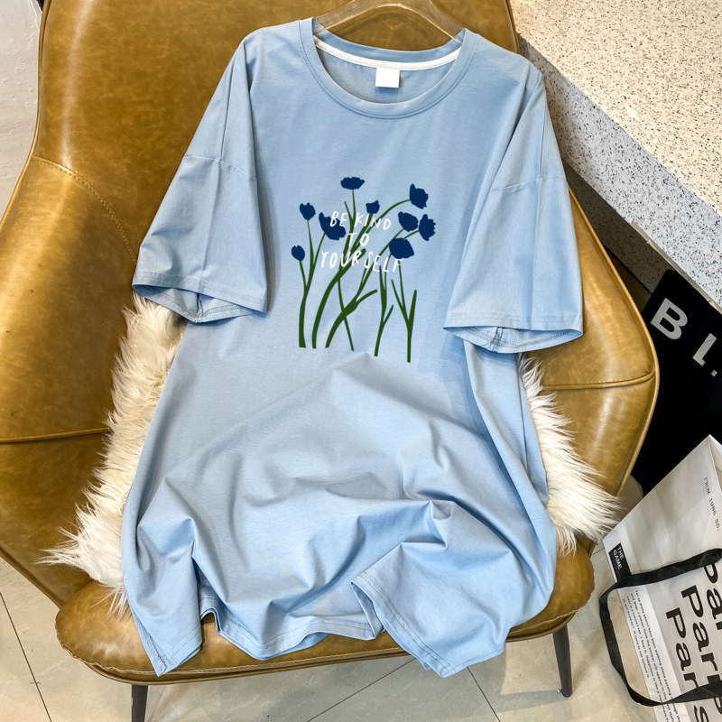 蓝色小花短袖T恤裙设计感