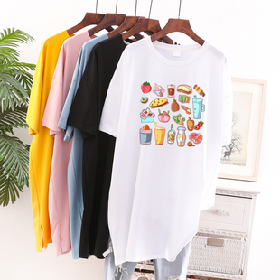 宽松韩版 夏季 T恤女ins潮夏季 短袖 oversize上衣潮 草莓杯子胖mm大码