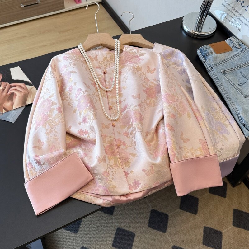 实拍新中式春款汉服国风改良盘扣重工提花刺绣翻折长袖女上衣外套