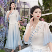 套装 原创版 上衣雪纺闺蜜阔腿裤 素七分袖 淑女 权国风刺绣V领汉元