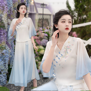 原创版权国风刺绣V领汉元素七分袖上衣雪纺闺蜜阔腿裤套装淑女
