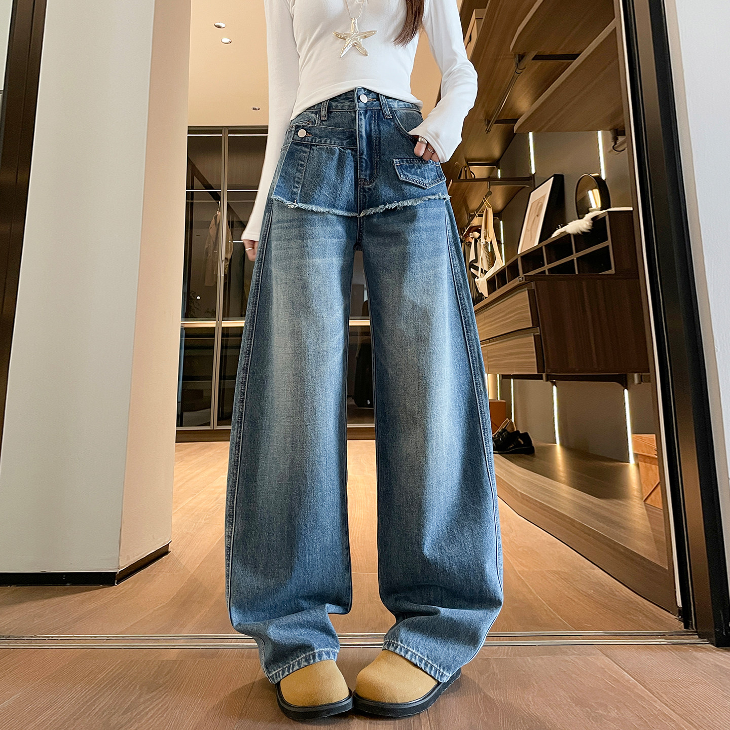 2026新款春季设计感假两件毛边牛仔裤女宽松直筒阔腿弯刀裤