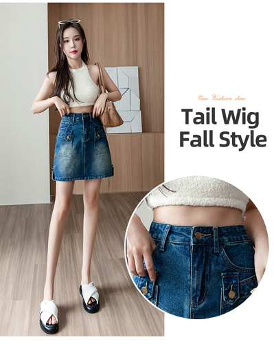 Real shot of denim short skirt for women, high waisted denim skirt, A-line bag hip skirt, denim gradient