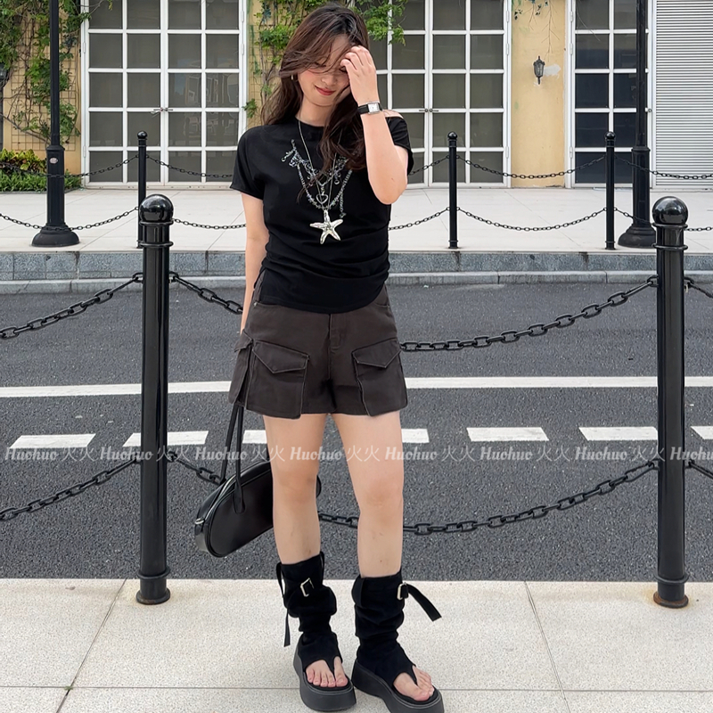 大码工装短裤宽松多口袋牛仔裤女
