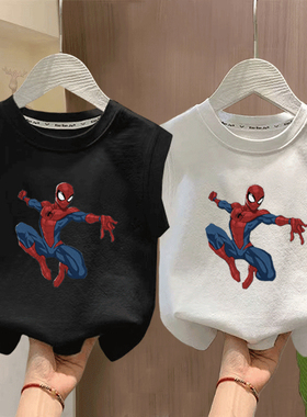 纯棉儿童背心夏季男童蜘蛛侠印花上衣T恤中大童坎肩新中式爆款