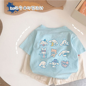 卡通大耳狗印花纯棉短袖 T恤男女童韩版 清新可爱百搭休闲上衣服潮