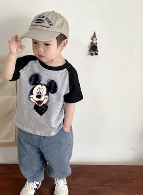 夏季纯棉儿童插肩袖男童短袖T恤中小童夏款上衣2025新款韩版百搭