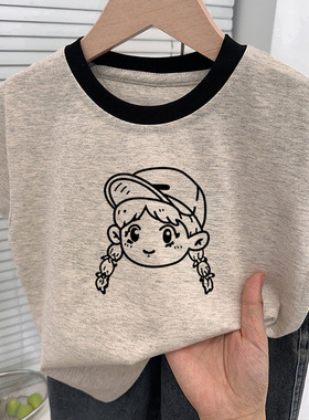 女孩印花纯棉撞色短袖t恤女童时尚夏季薄款洋气百搭休闲上衣服潮