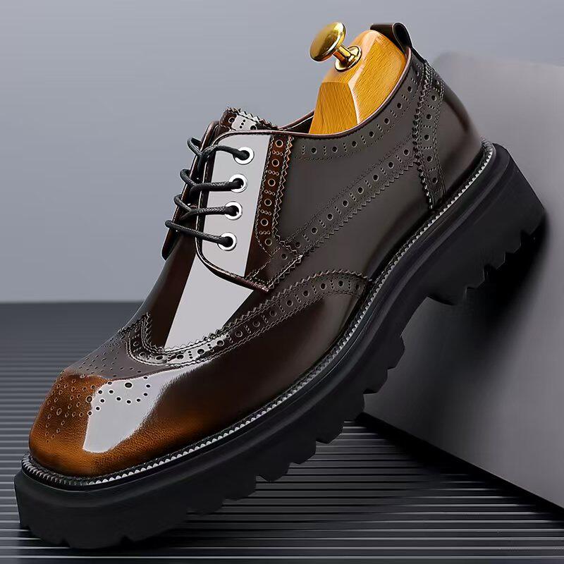 周麻子男士英伦真皮雕花增高正装