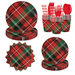 圣诞节派对布置红绿格子纸盘餐具套装一次性印花纸巾纸杯装饰餐盘