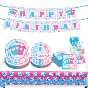 性别揭秘主题派对男孩女孩一次性餐具纸盘纸杯纸巾拉旗桌布装饰