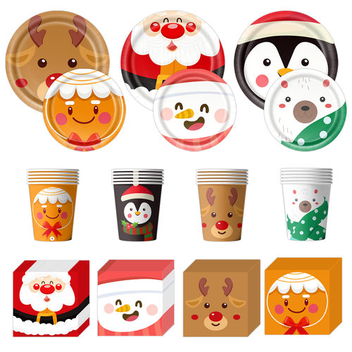圣诞节卡通氛围派对一次性餐具卡通雪人小企鹅餐巾纸派对节日纸盘