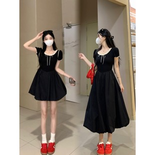 甜美少女蕾丝大圆领泡泡袖 实拍～大码 拼接收腰显瘦蓬蓬连衣裙