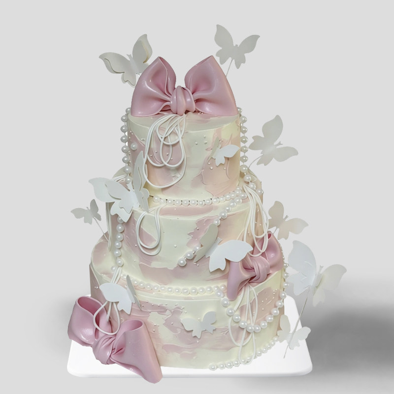 女神翻糖蝴蝶结珍珠三层仿真模型2026新款网红塑胶生日假蛋糕样品