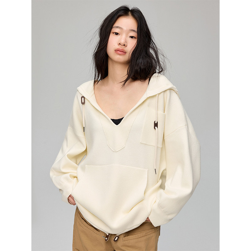 TDDP 慵懒feu 精致羊毛 连帽大v领毛衣女2025新款早春宽松针织衫