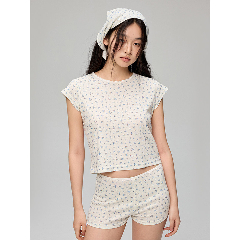 TDDP&ldquo;春声碎&rdquo; 碎花休闲套装女新款春夏长袖短袖T恤短裤三件套