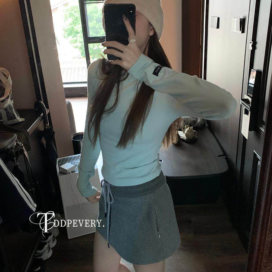 TDDP 字母贴布绣基础款长袖T恤女2024年新款秋季修身弹力打底上衣