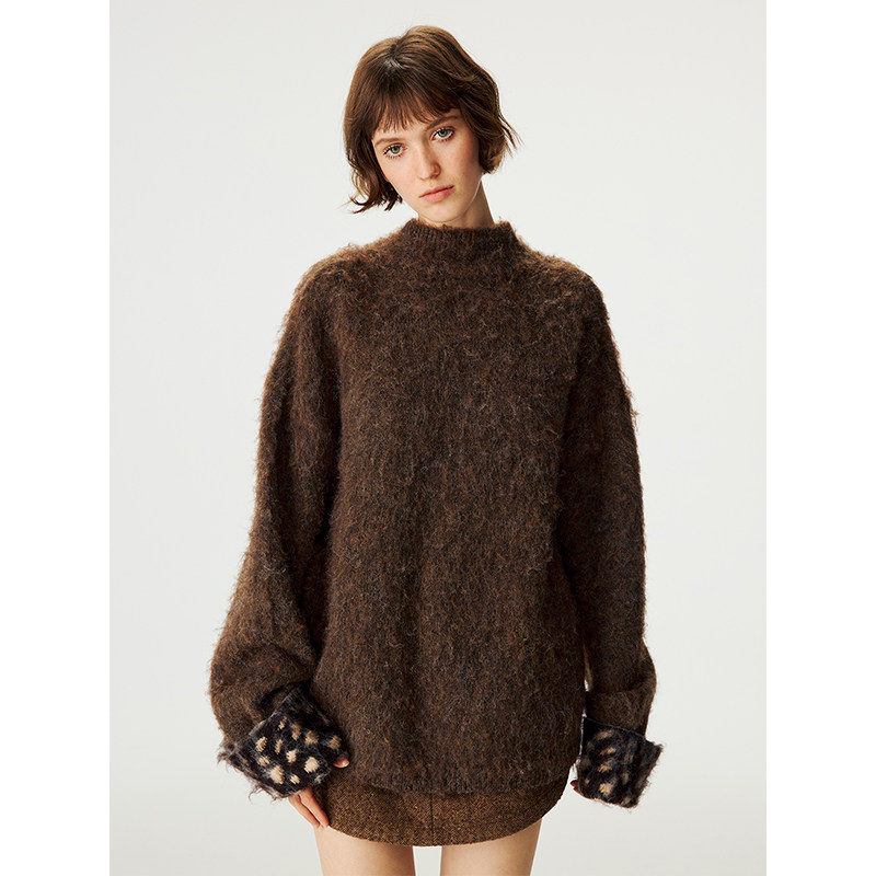 TDDP“远山回响”羊毛 设计感小鹿斑圆领套头毛衣女冬季针织衫