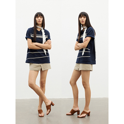 TDDP“高智美学”设计感花边条纹短袖T恤女新款夏季宽松显瘦上衣