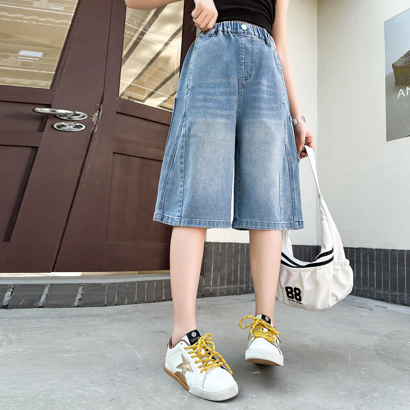 女童夏季超好看牛仔中裤2026新款女孩工装牛仔马裤大童潮酷五分裤