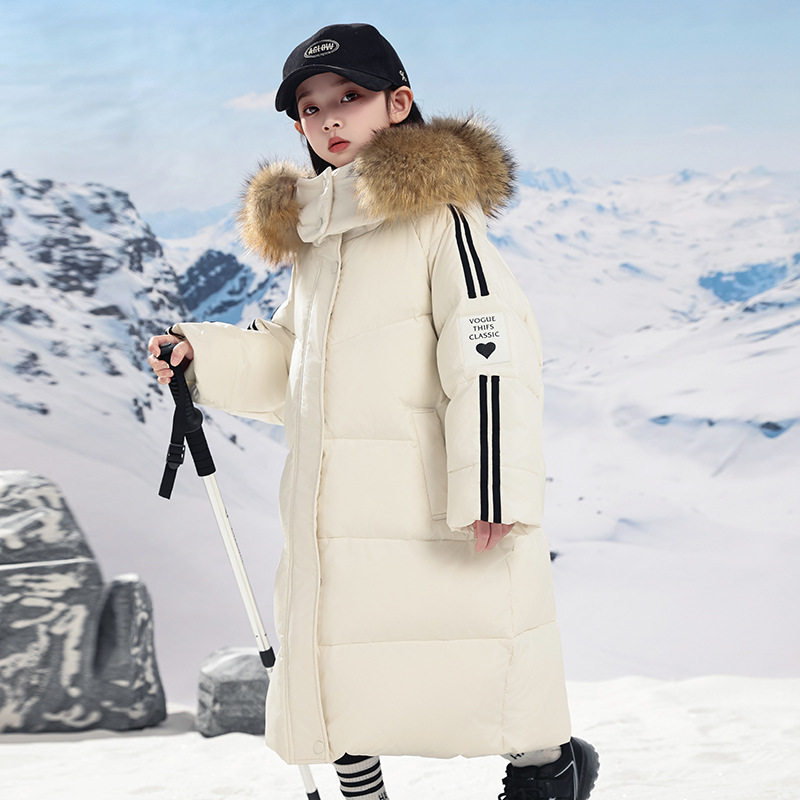 男女童过膝长款东北大毛领羽绒服