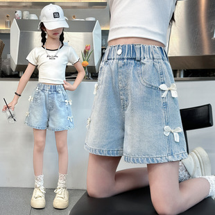 马裤女款儿童蝴蝶结牛仔短裤女孩夏季薄款韩版热裤中大童五分裤子