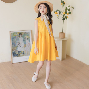 女童棉麻连衣裙前短后长儿童夏季燕尾裙时髦露背裙洋气度假背心裙