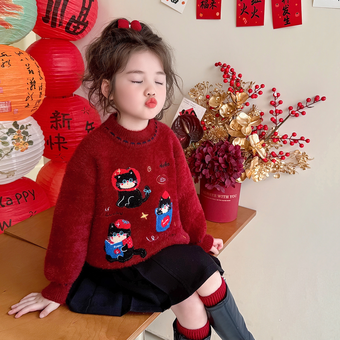 女宝宝纯棉半高领毛衣儿童装加厚一体绒打底针织衫女童红色拜年服