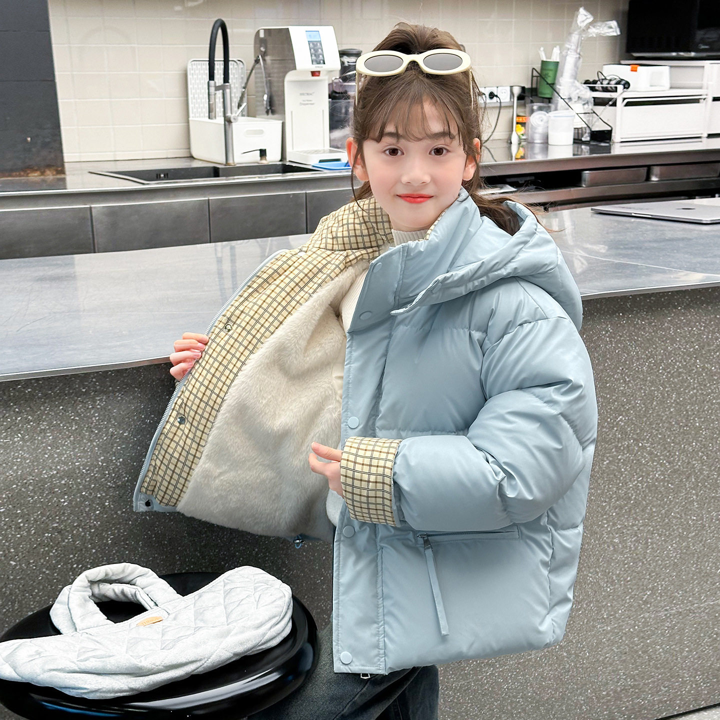 女童免洗耐脏PU皮面羽绒棉服女孩冬装棉袄中大童加绒加厚棉衣外套