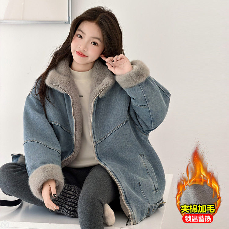 女童夹棉加绒牛仔派克服外套中大童冬季中长款牛仔衣保暖夹克上衣