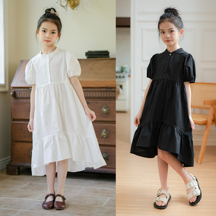 儿童拖尾公主裙纯白全黑裙子燕尾裙女童夏纯棉前短后长连衣裙日常