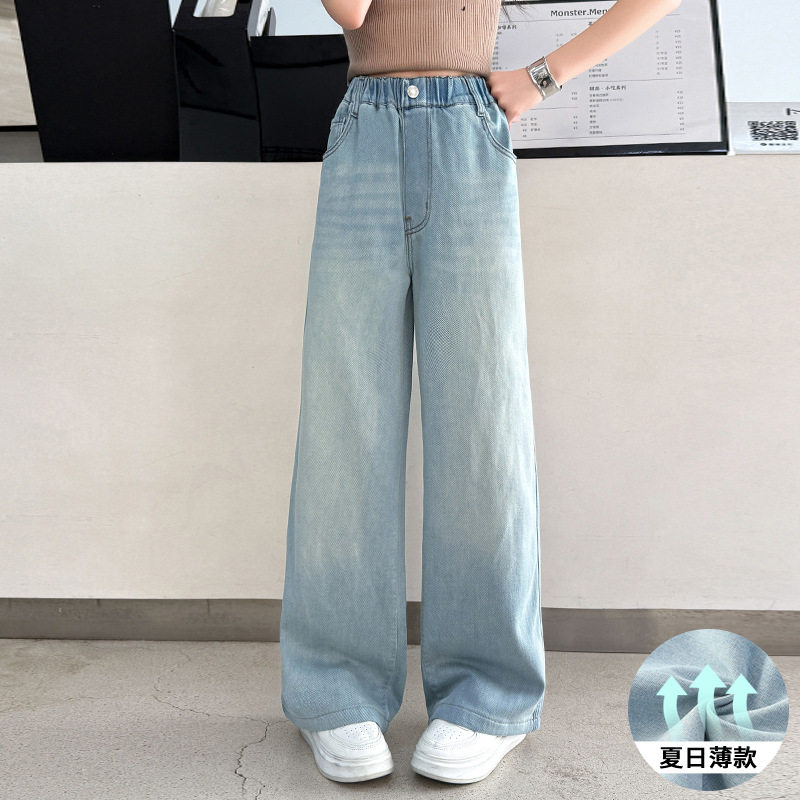 女童夏季薄款牛仔裤2026新款女孩窄版直筒阔腿裤初中生休闲长裤子
