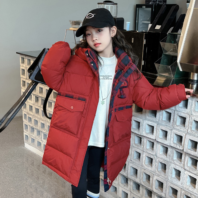 女童连帽中长款羽绒棉服女孩本命年红色外套棉袄女大童工装棉衣服