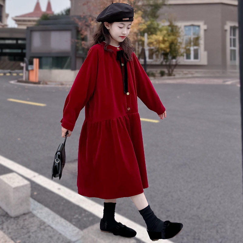 女童金丝绒连衣裙红色本命年衣服