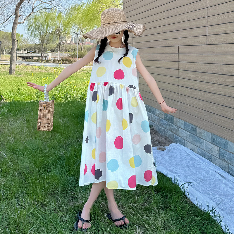 亲子母女装女童夏薄款连衣裙圆点露背系带高腰纯棉背心裙波点长裙