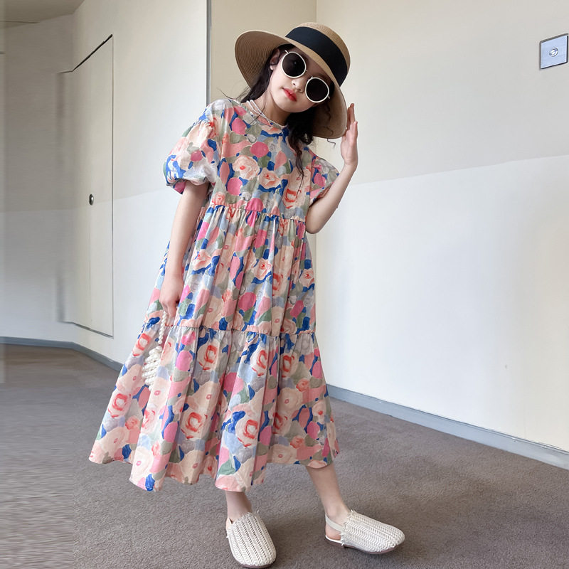 女大童纯棉泡泡袖连衣裙碎花裙