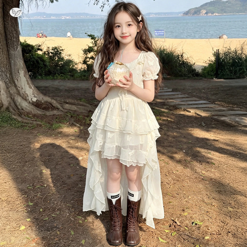 女童前短后长裙子泡泡袖连衣裙