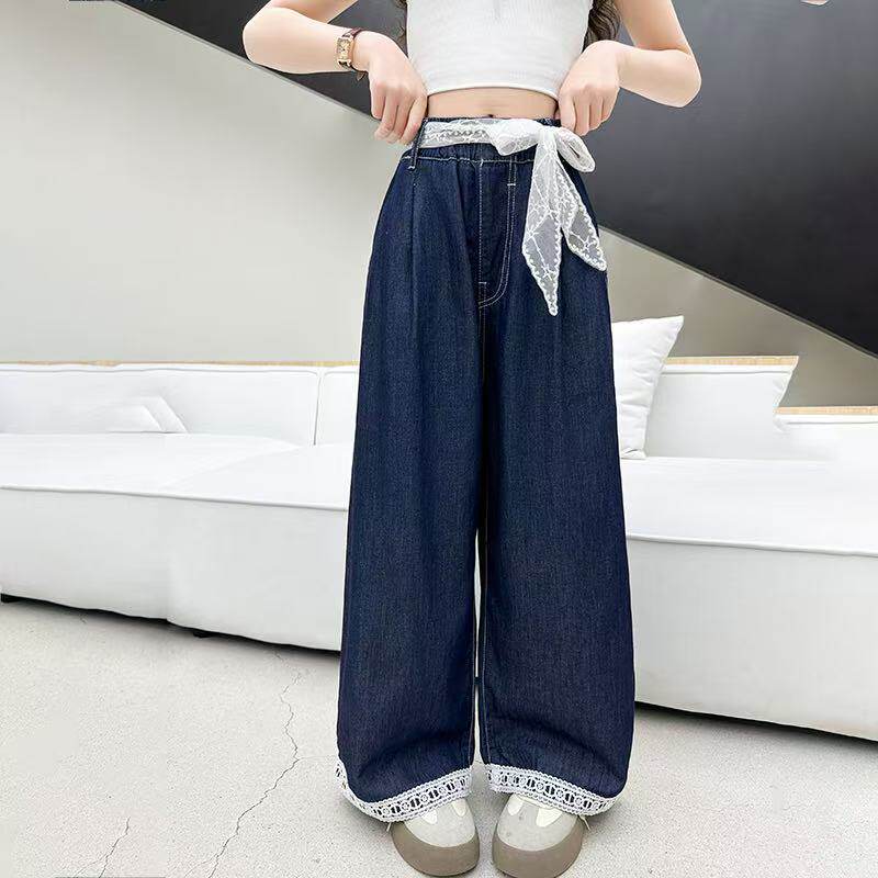女大童裤子时髦牛仔裤女孩夏季薄款天丝阔腿裤初中生直筒休闲长裤