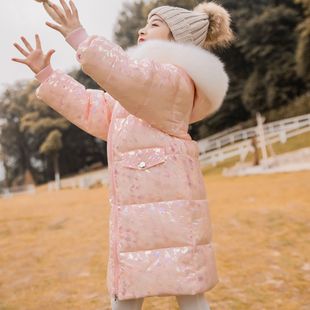 女童亮面免洗耐脏羽绒服中大童女孩过膝长款炫彩外套白鸭绒棉袄子