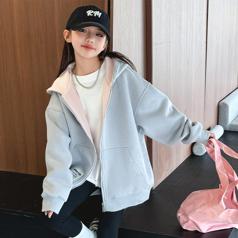 女童连帽卫衣2025春秋新款纯棉女大童拉链开衫青少年学生薄款外套