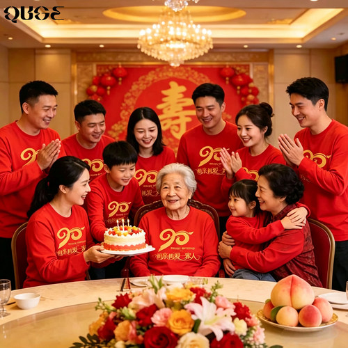 老人70/80/90/100大寿全家福定制红色长袖T恤父母生日宴会祝寿服