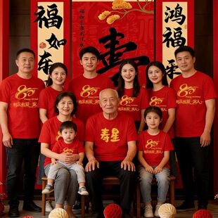 父母70/80/90大寿红色T恤夏定制寿星老人子女家庭过生日聚会服装