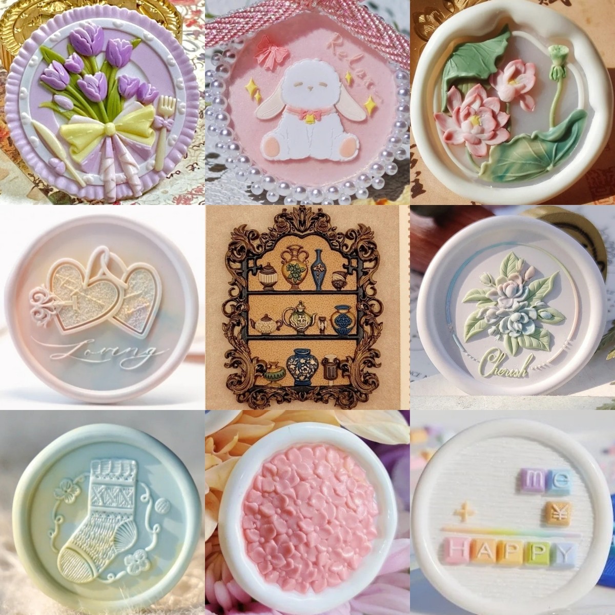 火漆印章可爱小羊罗比精雕章头古董展柜郁金香梦浮雕铜头夏雨荷花