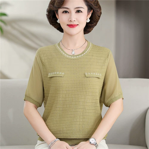 Шелковая летняя одежда для матери, трикотажная модная футболка, в западном стиле, свободный крой, для среднего возраста, круглый воротник