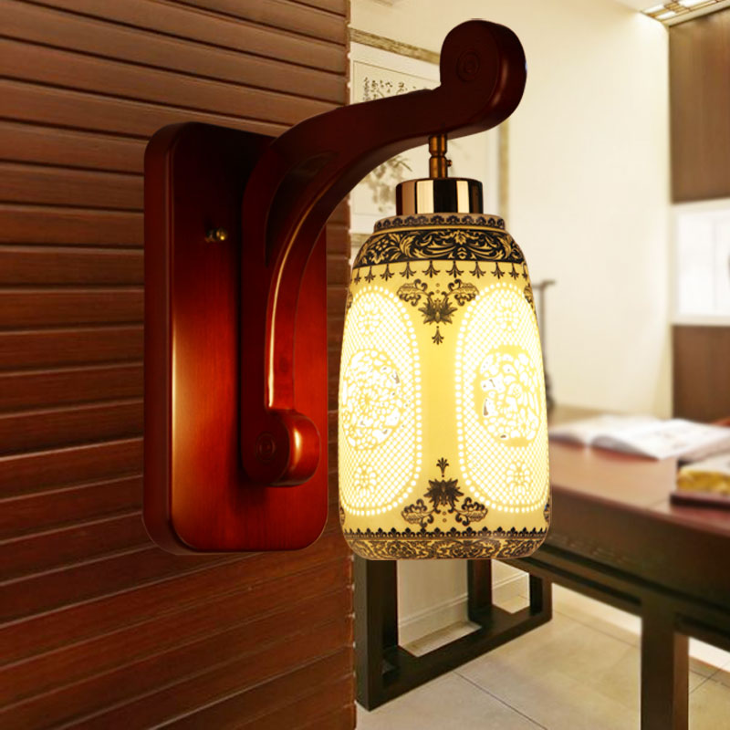 中式壁灯创意仿古卧室床头客厅书房led景德镇陶瓷中国风实木壁灯