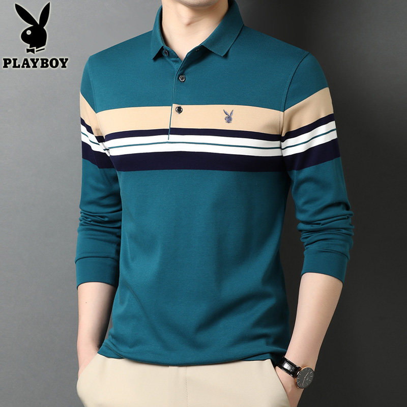 花花公子翻领长袖T恤男2021秋季新款男装商务休闲纯棉条纹polo衫