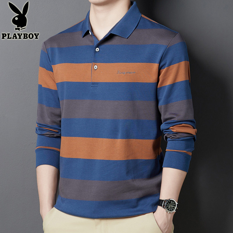 花花公子2021秋季长袖t恤男翻领条纹Polo衫商务休闲体恤中年衣服