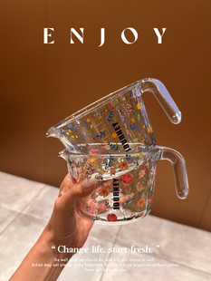 蓝莲花茉茉兔玻璃量杯带刻度早餐杯度量烘焙碗打蛋高硼硅碗微波炉